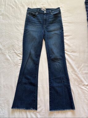 PAIGE Dark Blue High-Rise Flare Jeans with Raw Hem